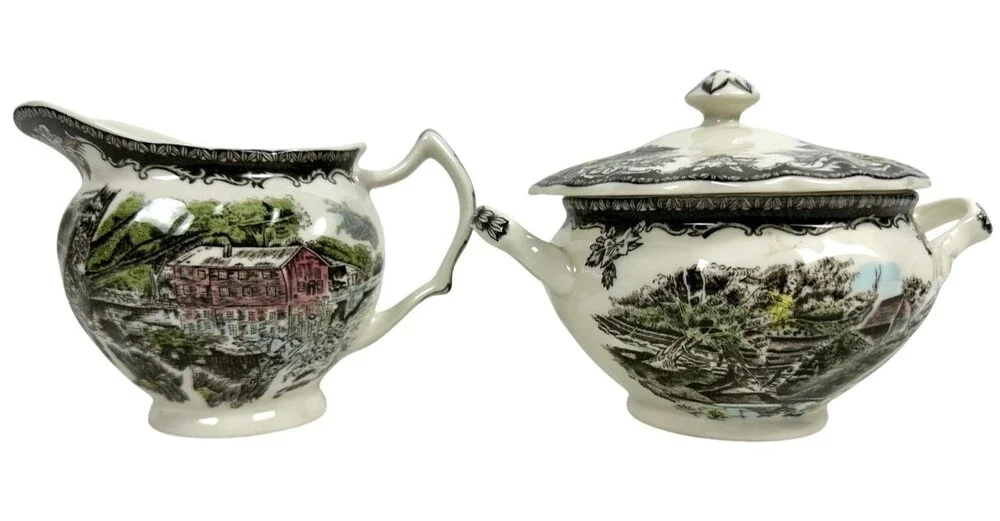 Vintage Johnson Brothers Friendly Village Covered Sugar Bowl & Creamer England
